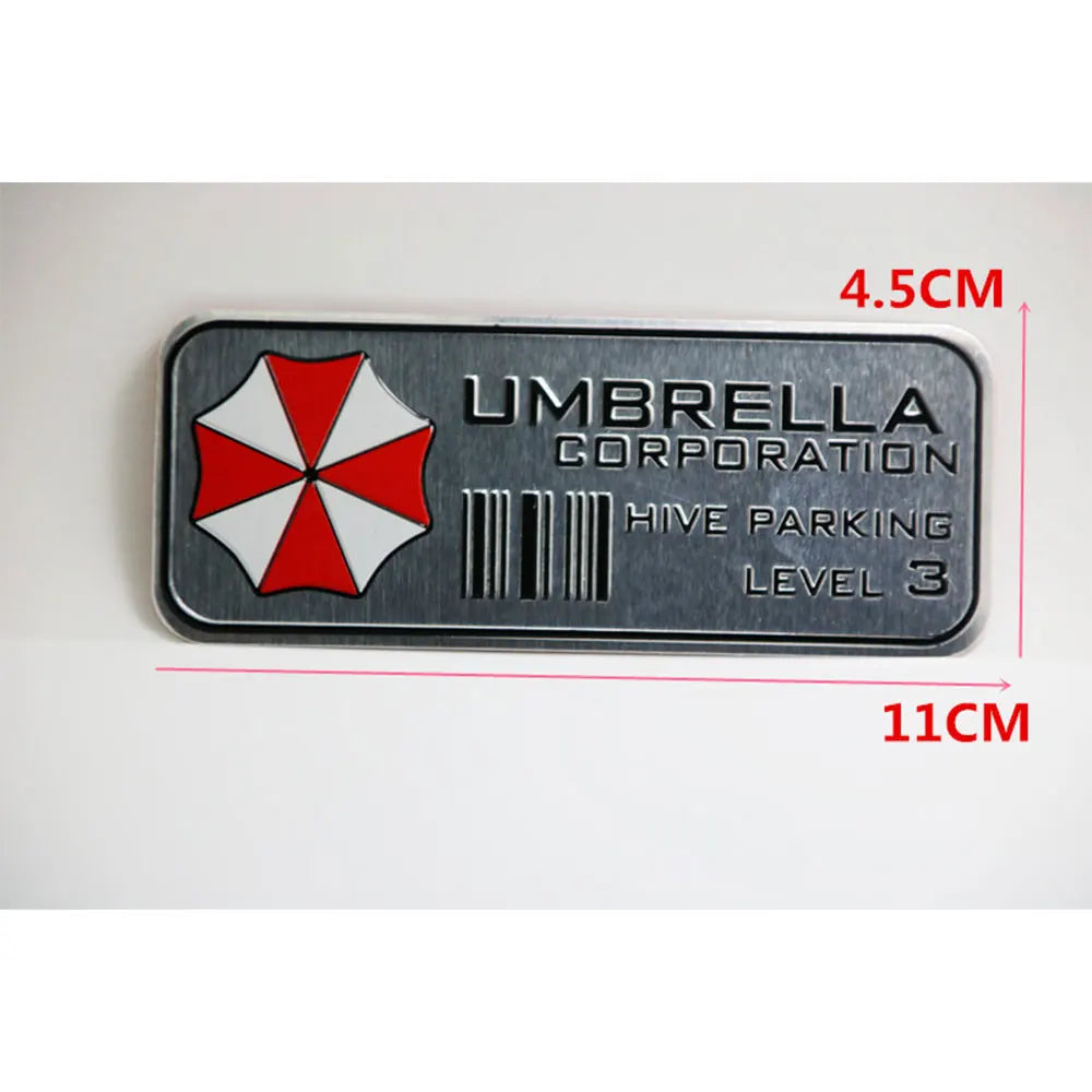 A rectangular aluminum alloy honeycomb metal sticker with the text Umbrella Corporation Hive Parking Level 3 and dimensions.
