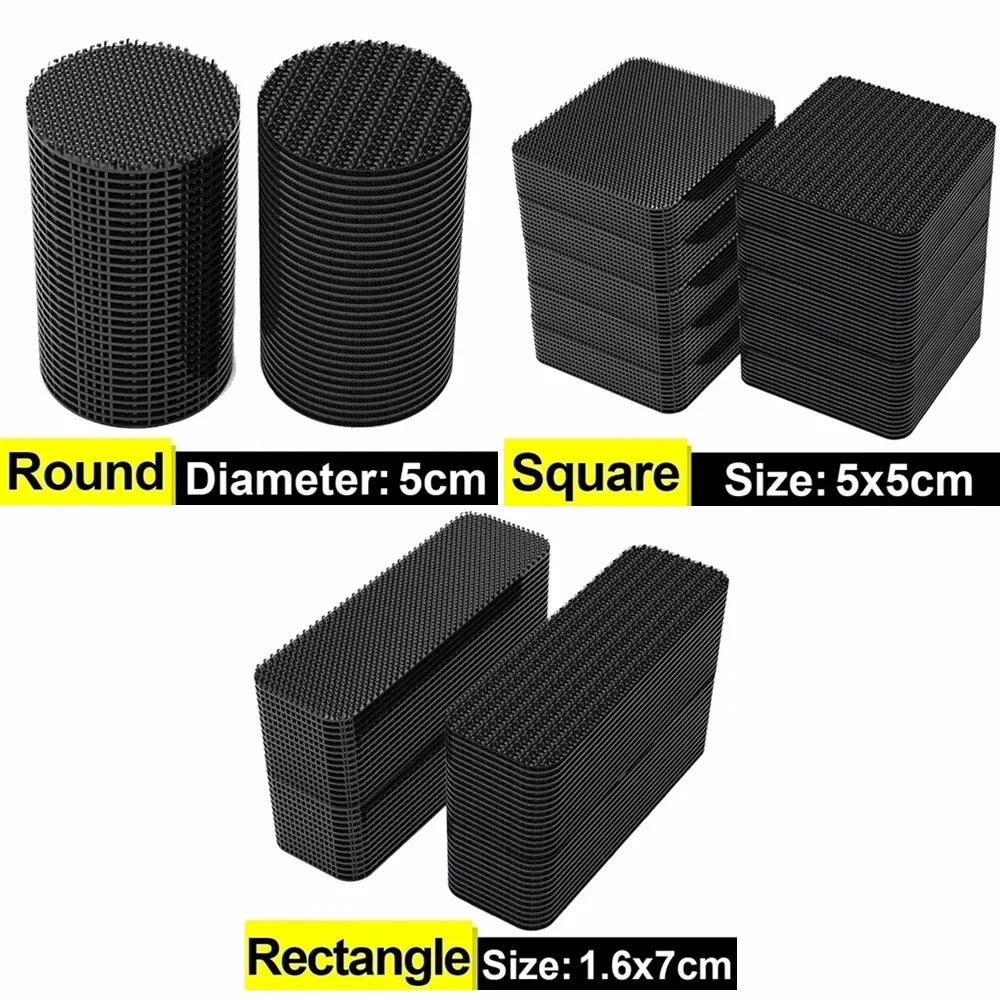 Black double-sided adhesive carpet and mat fixing patches in round, square, and rectangular shapes.