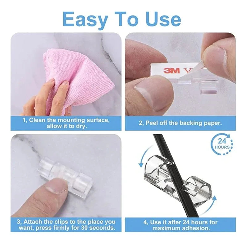 Instructions showing how to clean, peel, attach, and use self-adhesive cable clips for cord management.