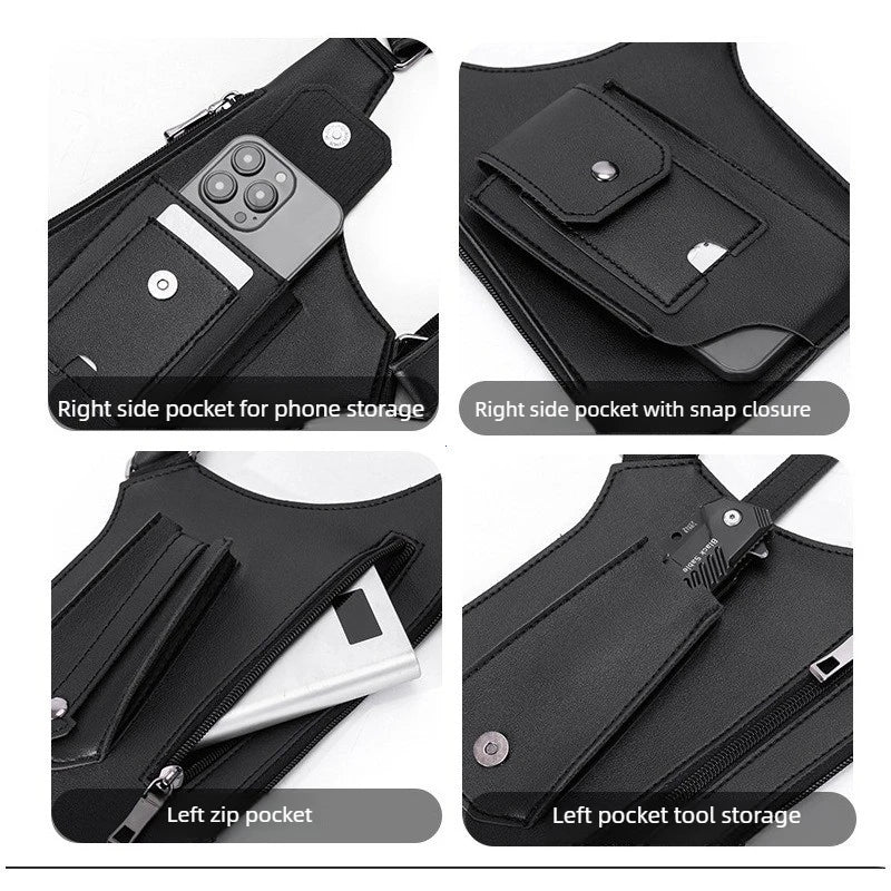 Black anti-theft underarm wallet bag showing various storage pockets and features.