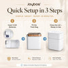 A three-step setup guide showing how to insert batteries, fit the trash bag, and close the lid on a white motion sensor trash