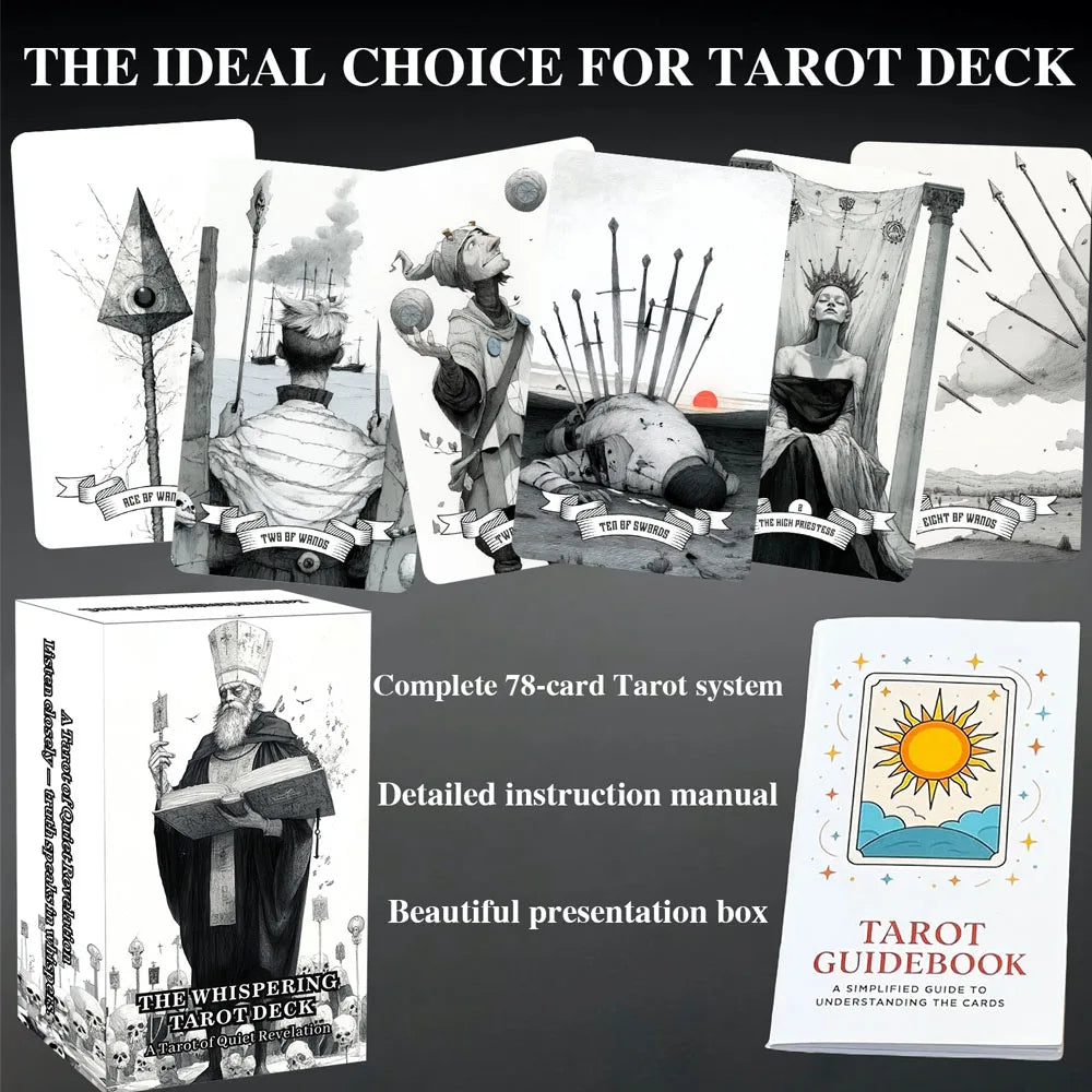 A collection of tarot deck components including cards, a guidebook, and a presentation box.