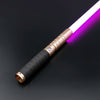 An RGB heavy dueling lightsaber with a metal hilt and a bright purple blade against a dark background.