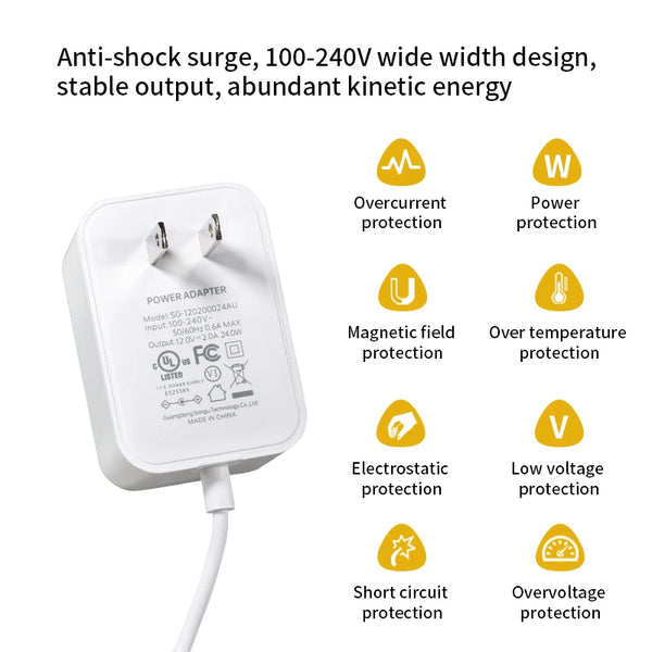 White AC-DC power adapter with multiple protection features and a cord.