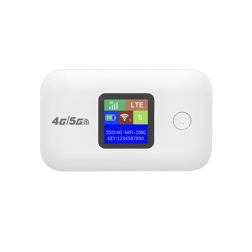 جهاز واي فاي محمول 4G LTE أبيض مع شاشة LED وزر طاقة.