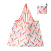 Pink reusable shopping tote bag featuring a pattern of sliced strawberries and carrots.