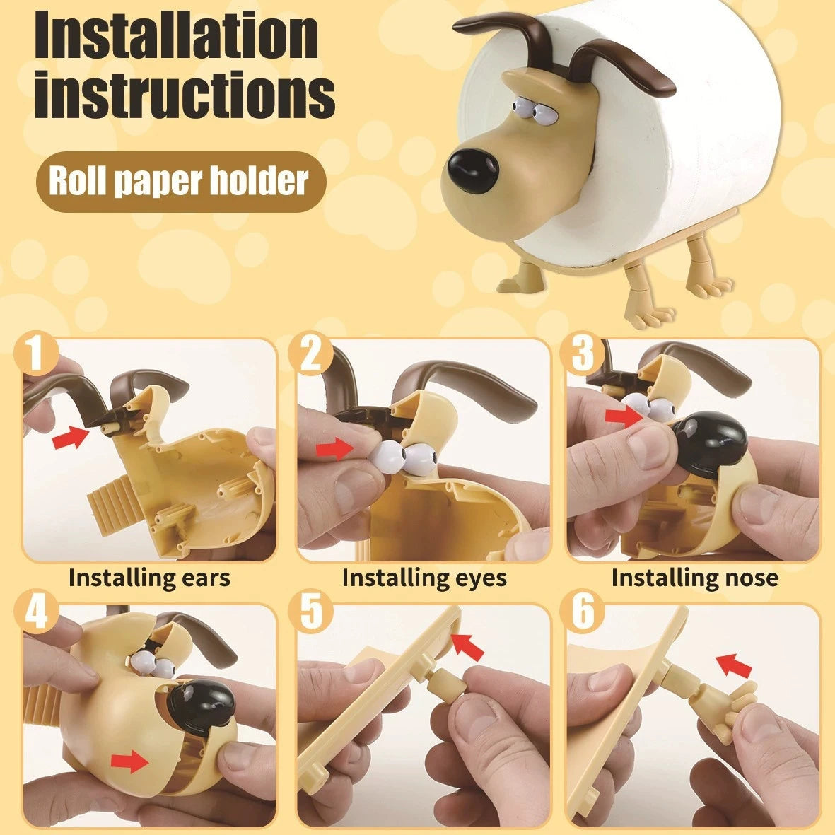 Installation instructions showing how to assemble a playful animal toilet paper holder with ears, eyes, and a nose.