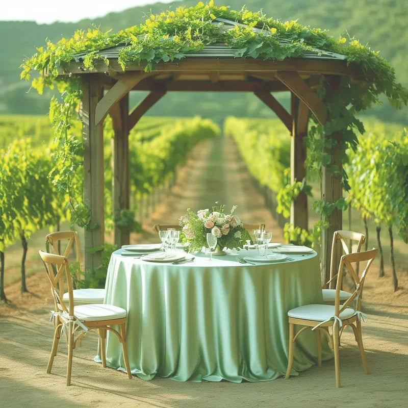 An elegant round satin tablecloth set up outdoors under a wooden arbor with greenery.