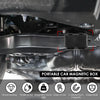 Portable car magnetic box shown mounted on a vehicle component for under-car storage