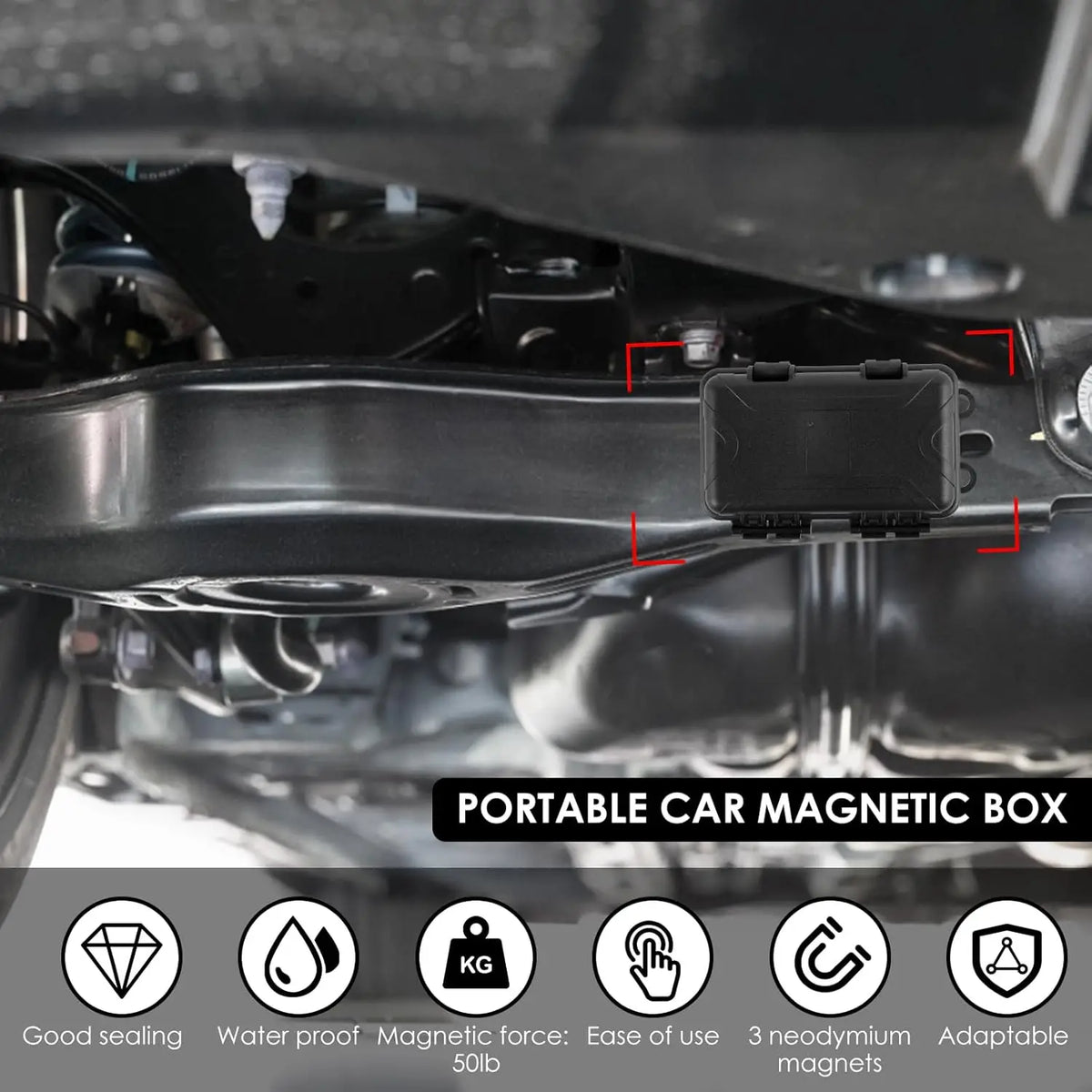 Portable car magnetic box shown mounted on a vehicle component for under-car storage