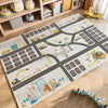 A colorful play mat featuring a detailed cartoon car traffic design for kids in a nursery or playroom.