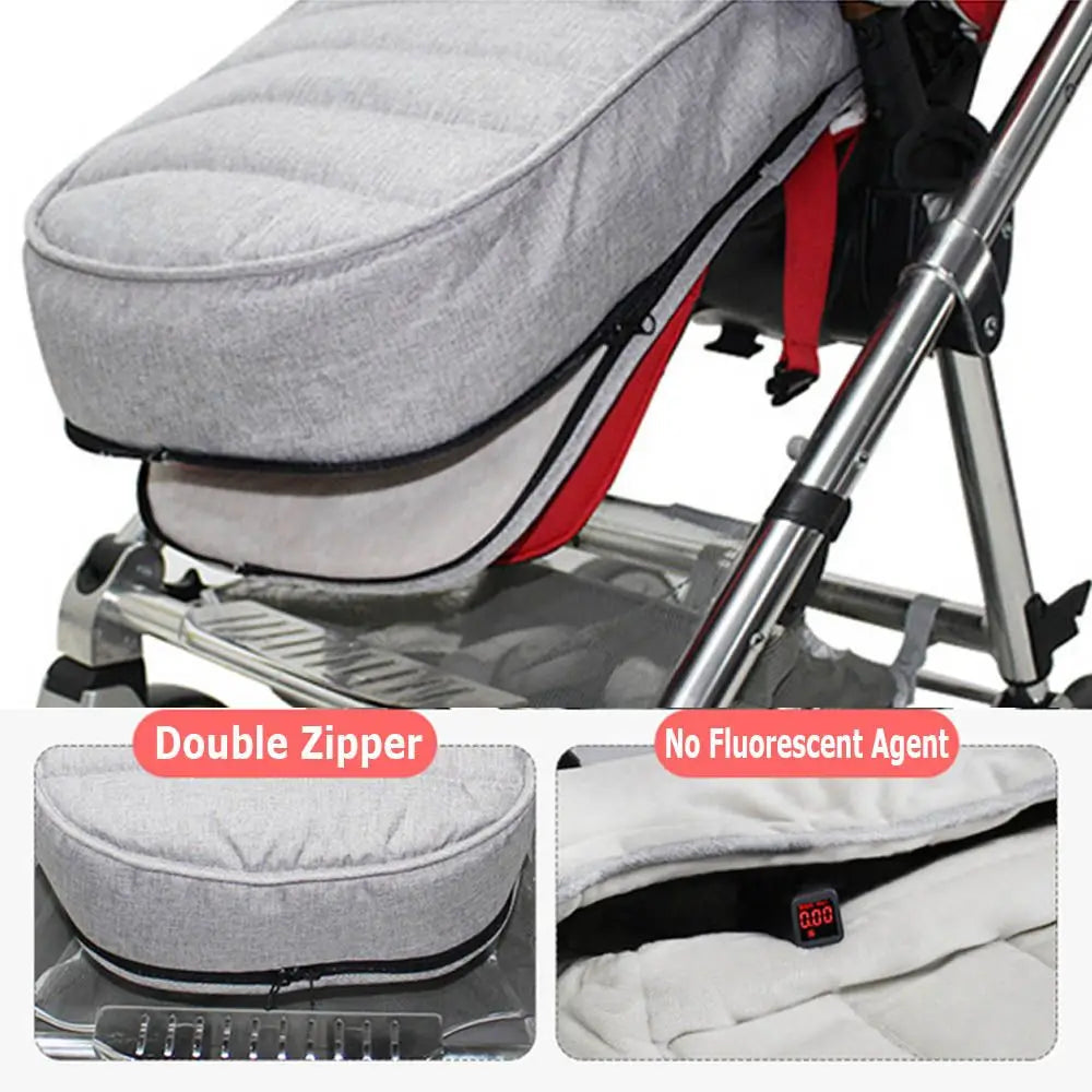 A gray and red stroller sleeping bag with a double zipper and no fluorescent agent is shown.
