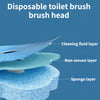A cross-section view of a disposable toilet brush head showing layers including cleaning fluid, non-woven material, and spong