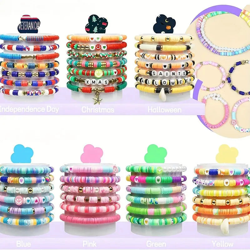 A collection of colorful polymer clay beads with letters for DIY jewelry making kits categorized by holiday themes.