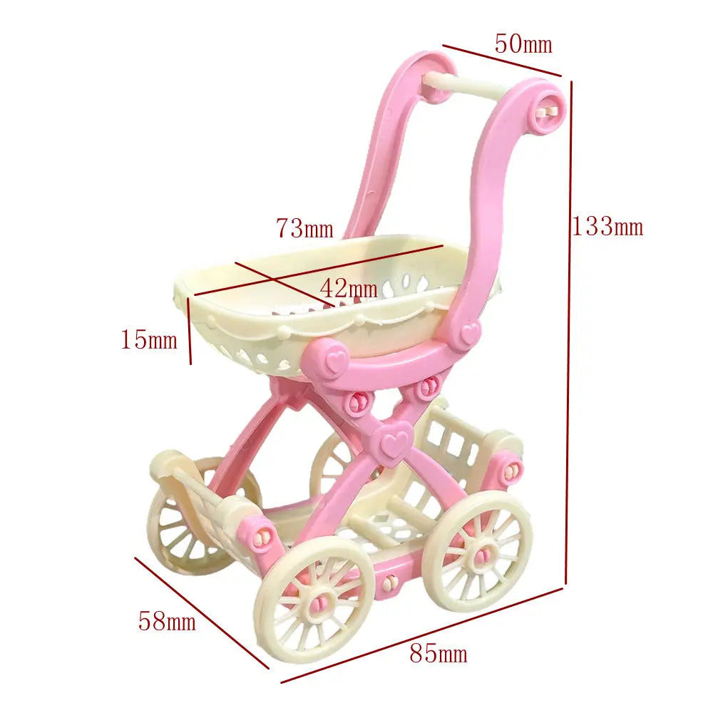 Pink fashion doll accessory set featuring a pink stroller with white accents and wheels