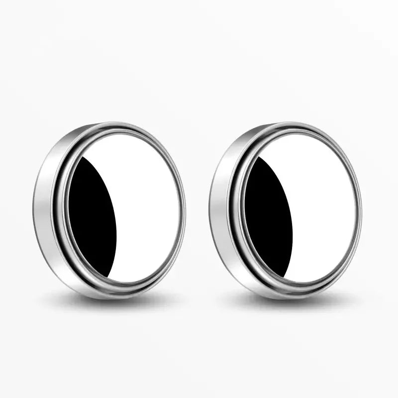 A pair of wide angle 360° adjustable car blind spot mirrors in silver finish.