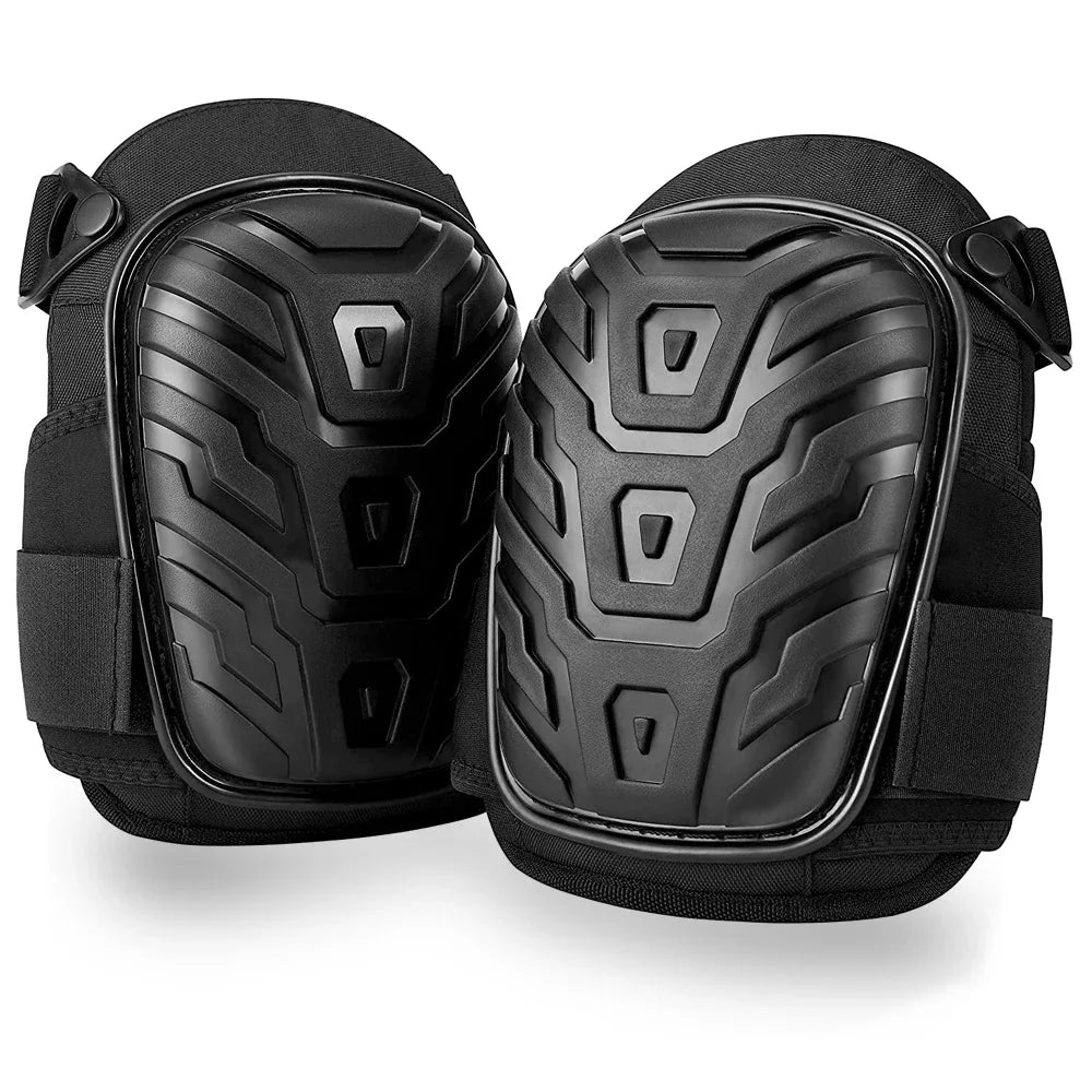 A pair of black heavy-duty gel knee pads designed for work and gardening.