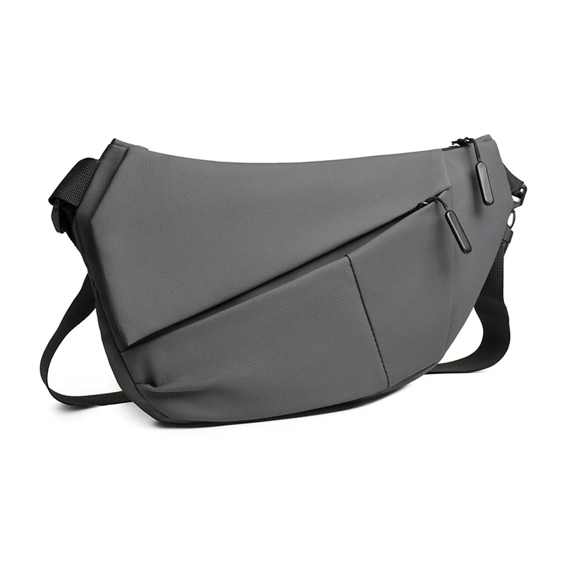 A gray practical chest bag designed for outdoor activities and daily use.