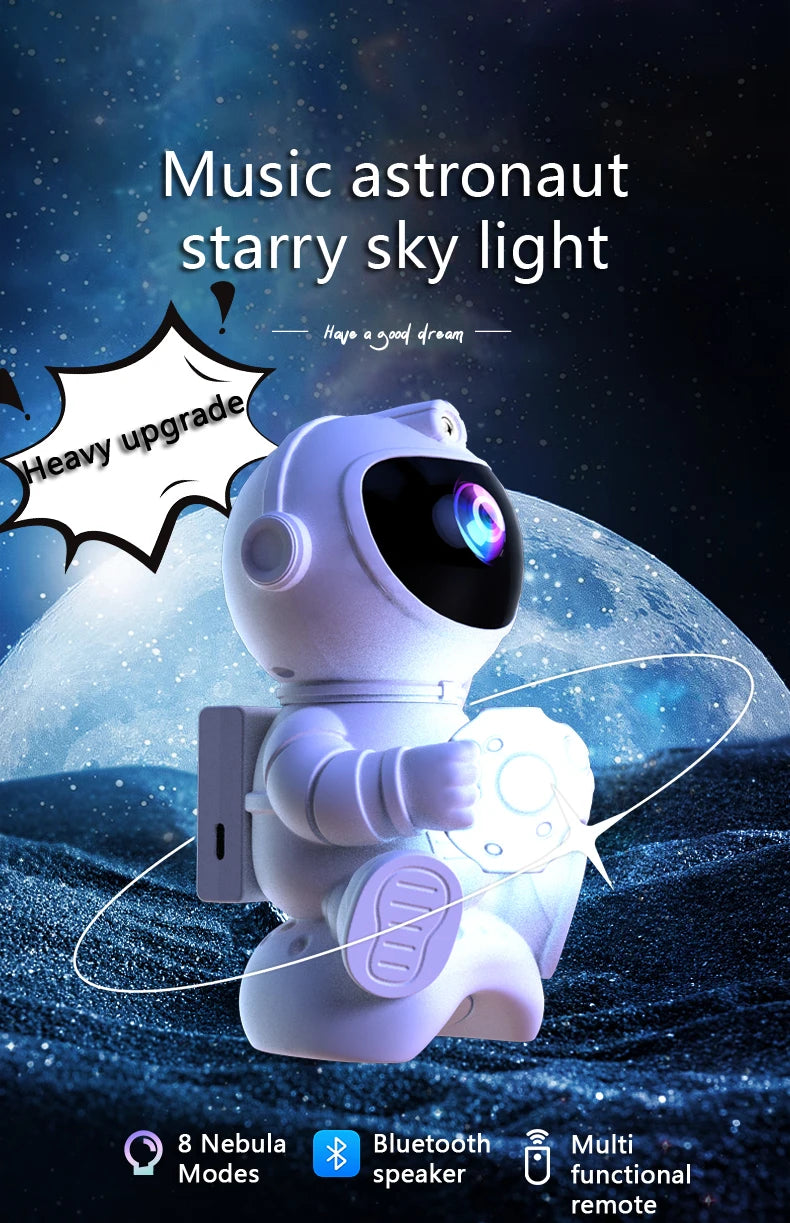 A white astronaut projector lights a starry sky on the ground, featuring 8 nebula modes and a Bluetooth speaker.