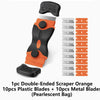 A set of double-ended scrapers including plastic and metal blades in orange and silver packaged in a pearlescent bag.