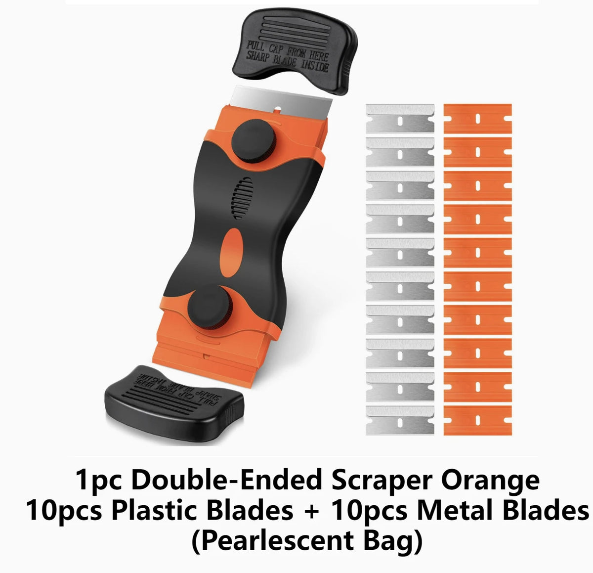 A set of double-ended scrapers including plastic and metal blades in orange and silver packaged in a pearlescent bag.