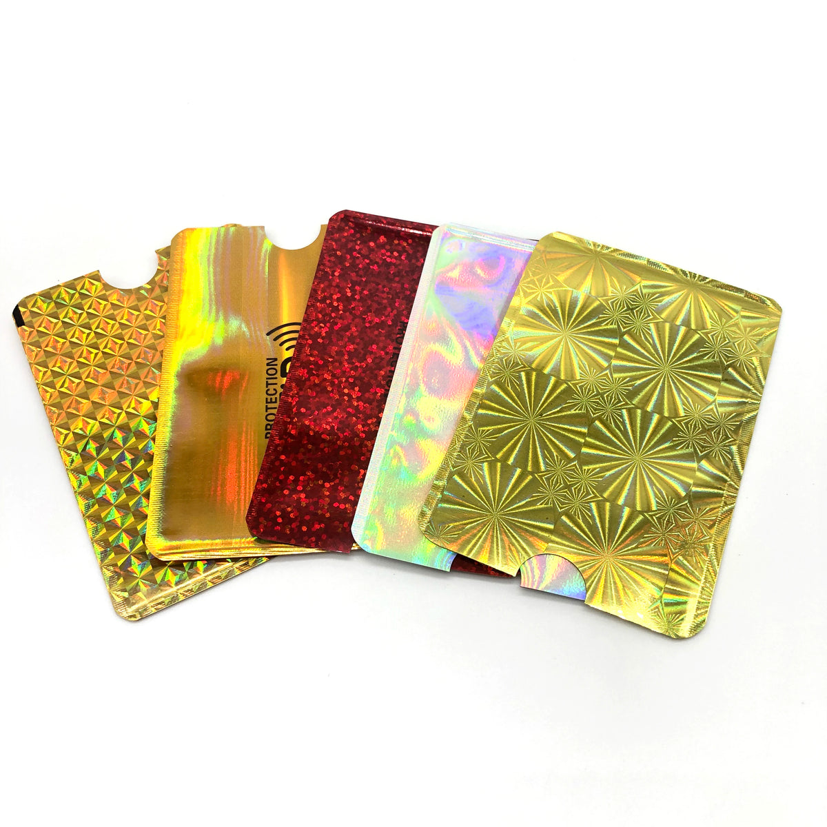 A set of five colorful RFID blocking aluminum card holders displayed side by side.