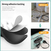A black cord organizer and wire winder is shown before and after use for tidy cable management.