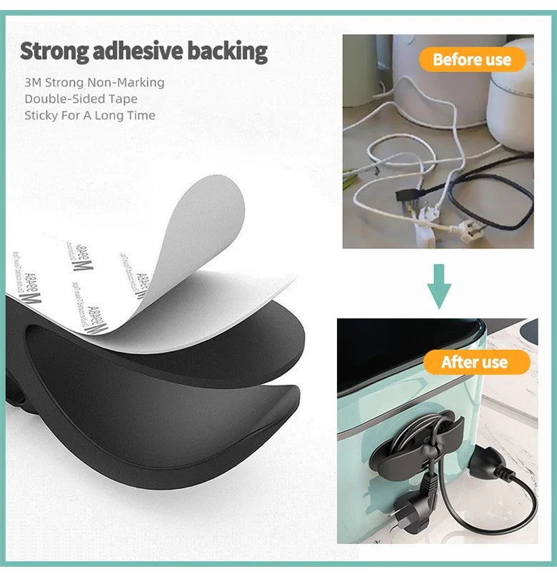 A black cord organizer and wire winder is shown before and after use for tidy cable management.