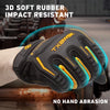 A close-up of black 3D soft rubber impact resistant work gloves with yellow and blue accents being worn by a hand.