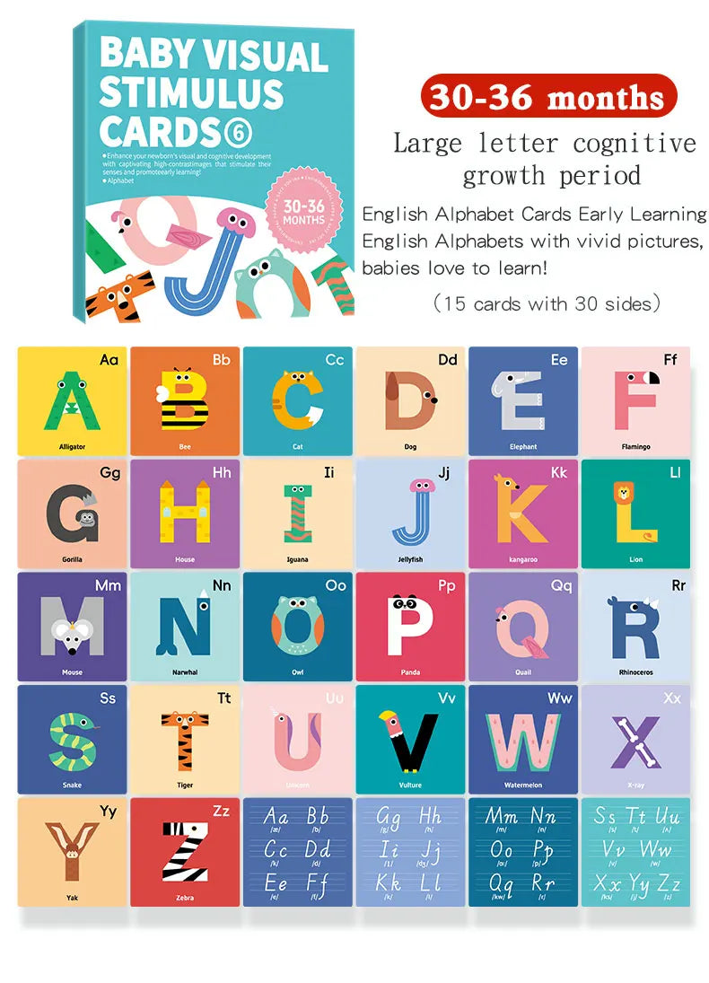 A set of Montessori high-contrast flash cards for baby visual stimulation featuring large letters and corresponding pictures.