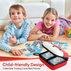 A child is sitting at a table with a red storage box for collectible trading cards and a computer mouse.