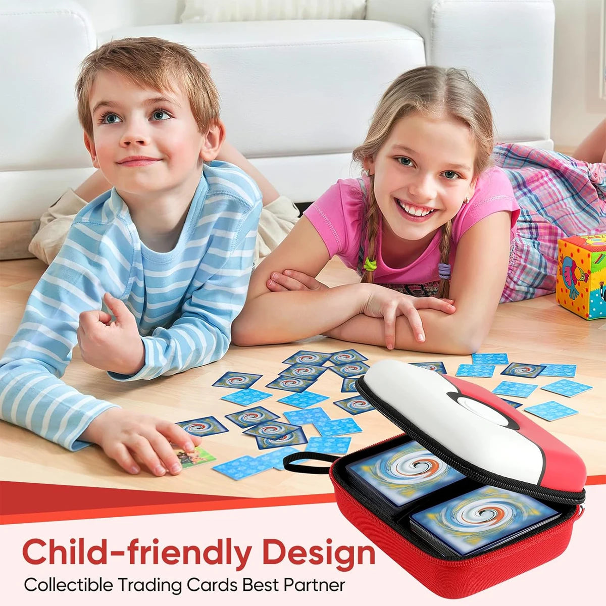 A child is sitting at a table with a red storage box for collectible trading cards and a computer mouse.