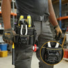 A person wearing a dark shirt and pants holds a durable waist tool bag with various tools attached.