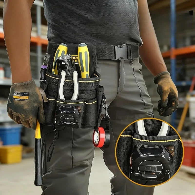 A person wearing a dark shirt and pants holds a durable waist tool bag with various tools attached.