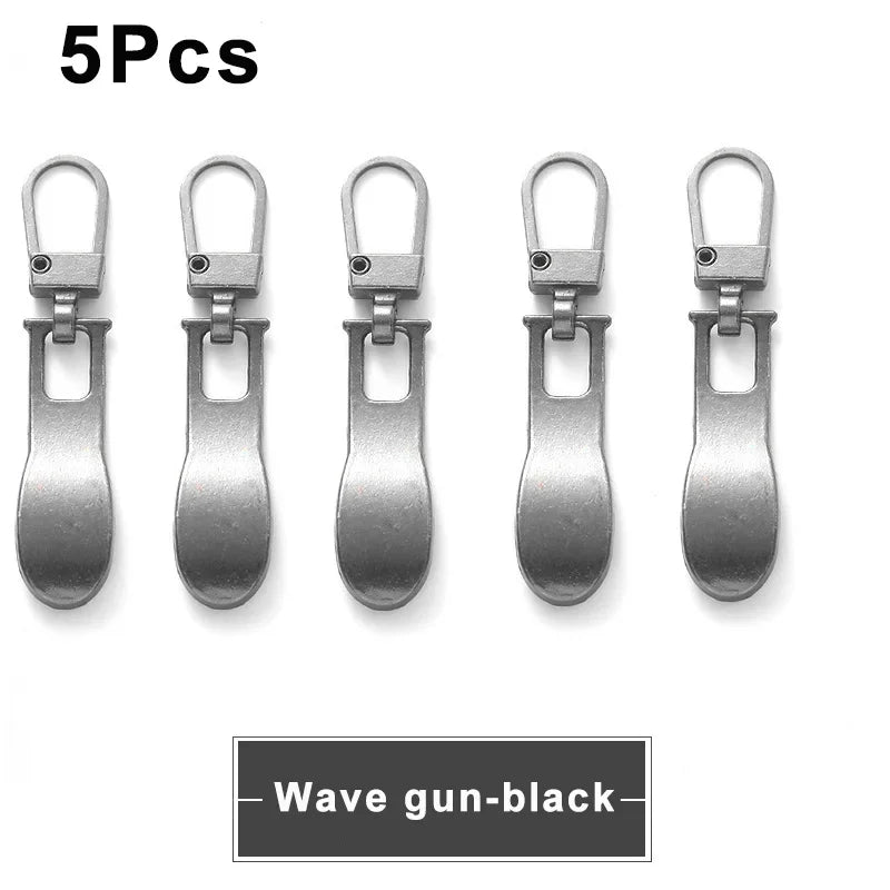 Five durable metal zipper pull replacement sliders in black finish.