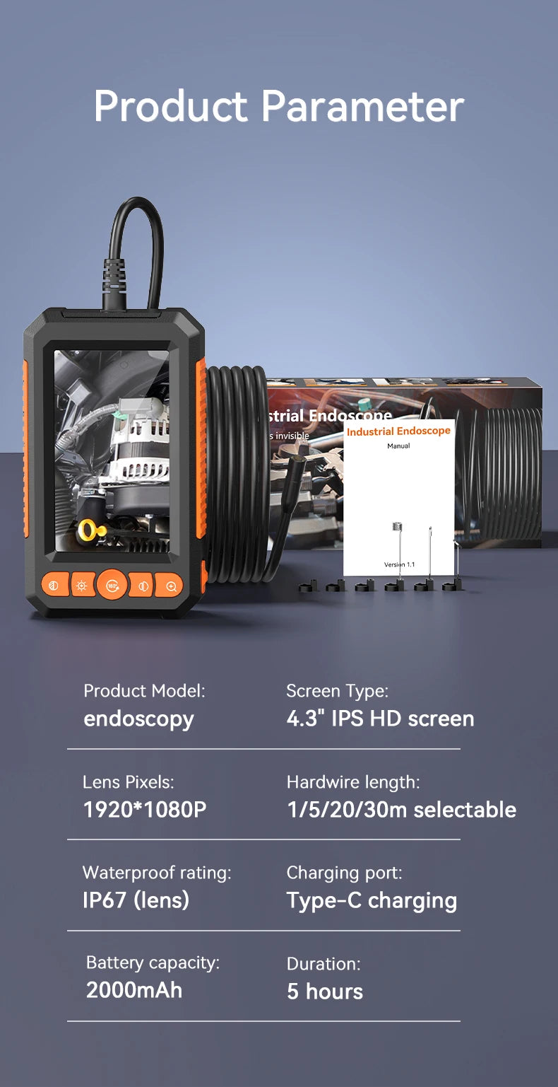 Professional 1080P Dual-Lens Endoscope Inspection Camera with 4.3" LCD Screen