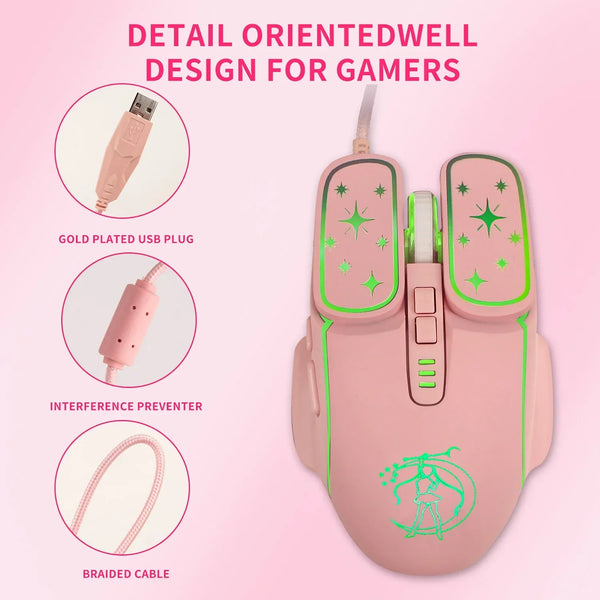 Pinke ergonomische Gaming-Maus mit geflochtenem Kabel und Störschutzfunktion