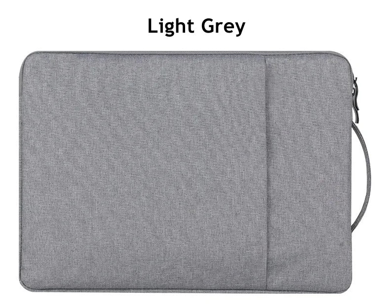 A light grey waterproof laptop sleeve with a handle for notebooks.