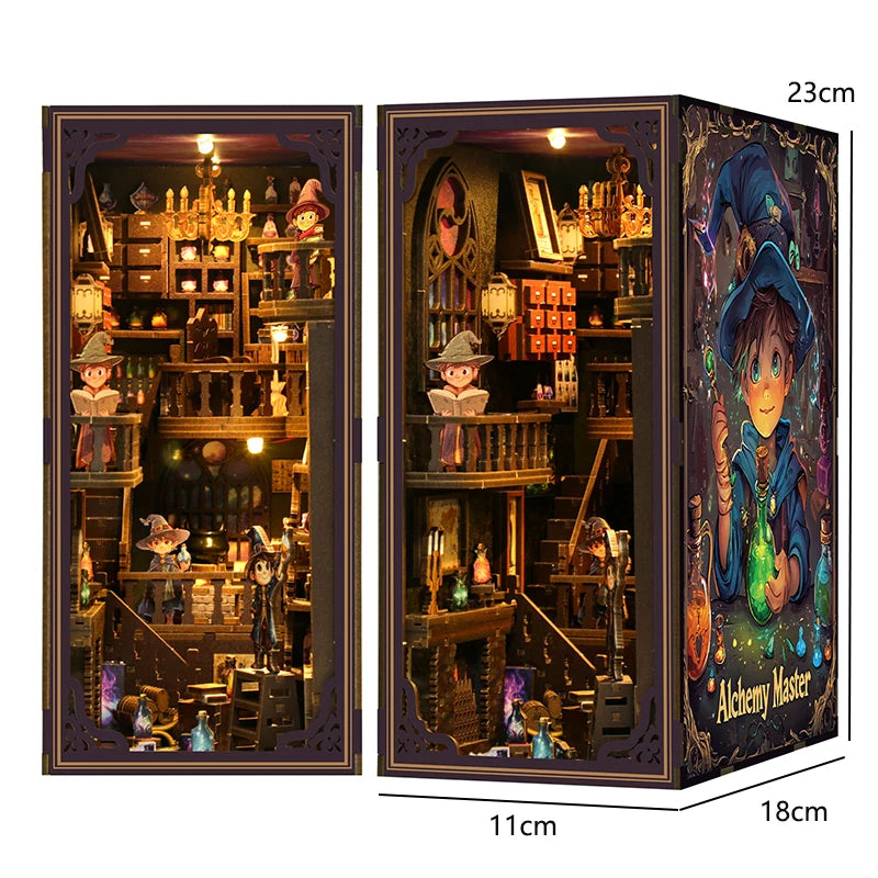 A wooden book nook kit featuring an elaborate miniature scene with LED lighting and detailed architecture.