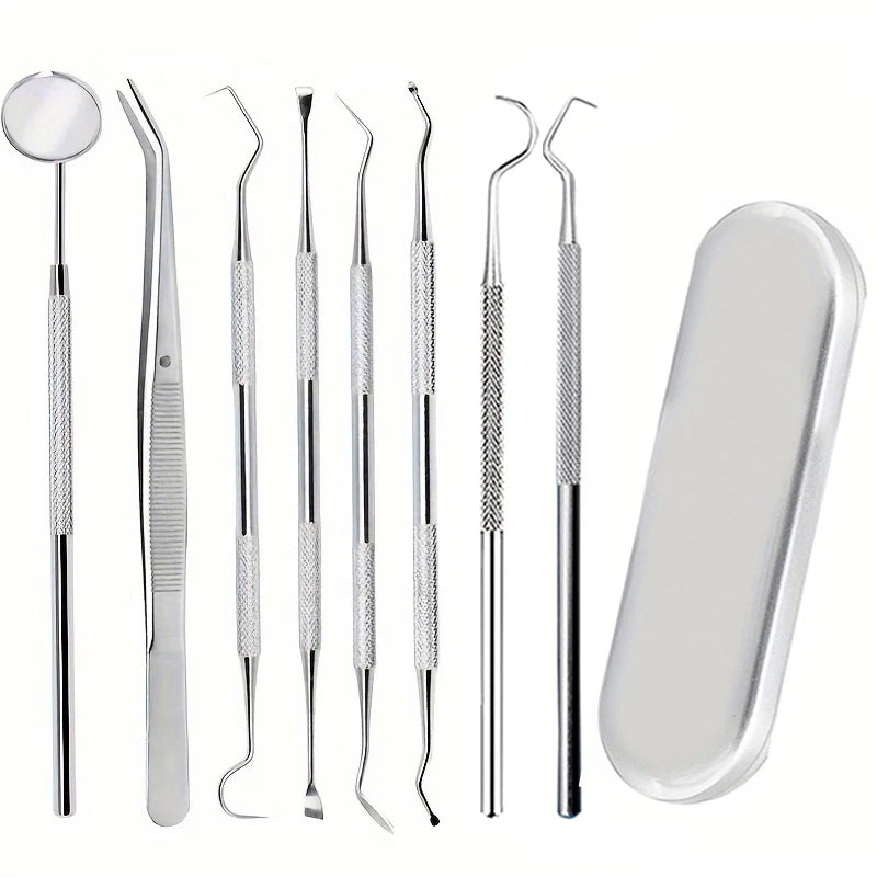 A set of premium stainless steel dental care tools for oral hygiene including various instruments and a cleaning disc.