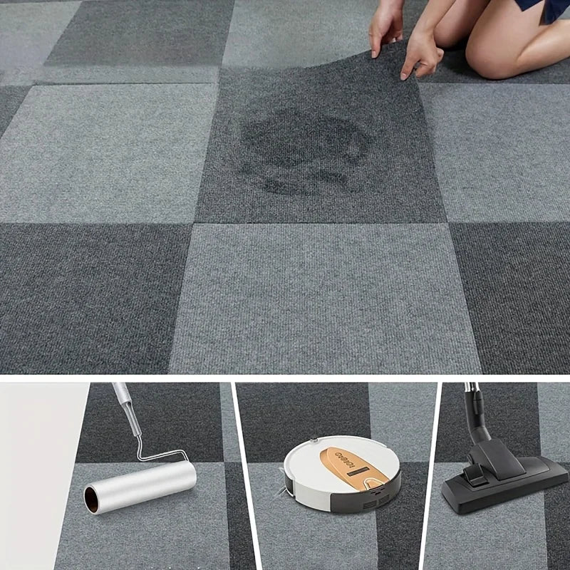 Primer plano de baldosas de alfombra autoadhesivas siendo aplicadas sobre un suelo de cuadros grises.