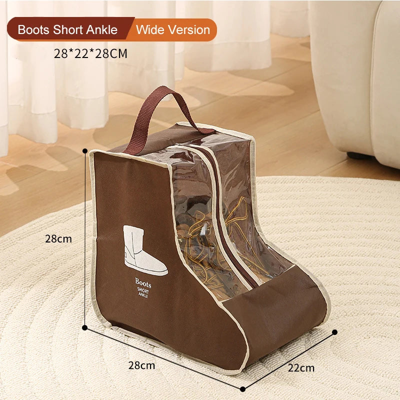 Brown waterproof boot storage bag with a handle, showing the interior and exterior dimensions.