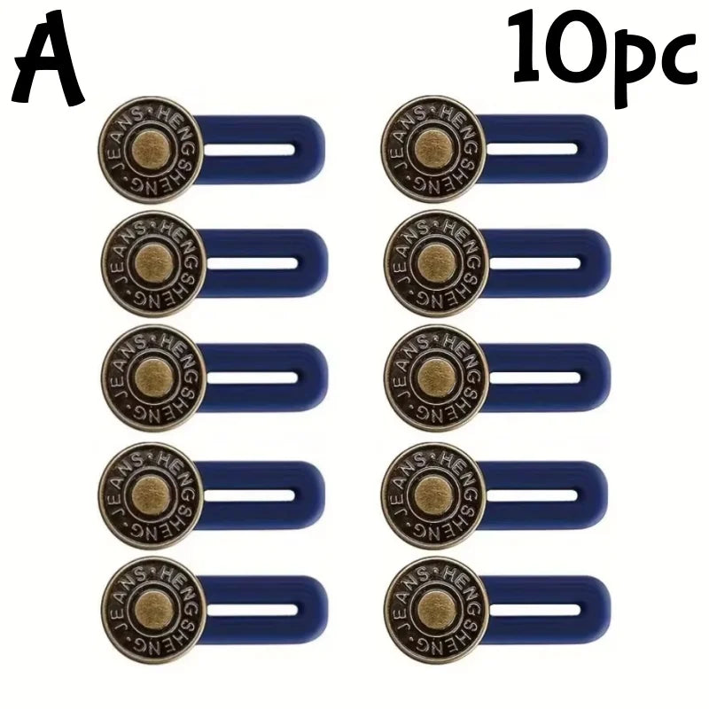 Ten pieces of adjustable metal jeans button extenders for waistbands.