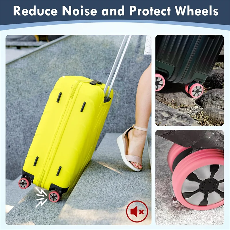 Yellow silicone suitcase wheel protectors installed on a gray surface, demonstrating noise reduction and protection for the w