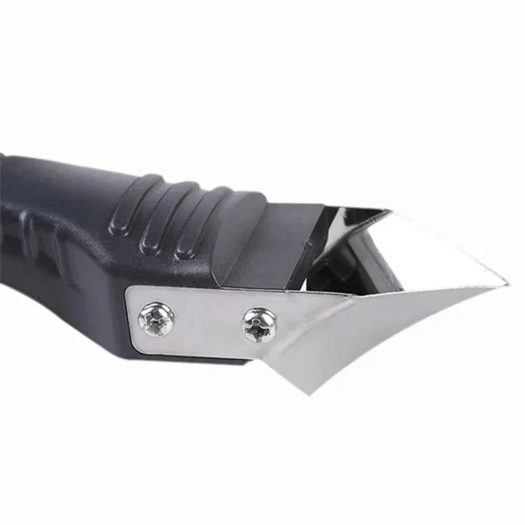 A close-up view of a black multi-purpose caulking and sealing tool kit with a silver blade.