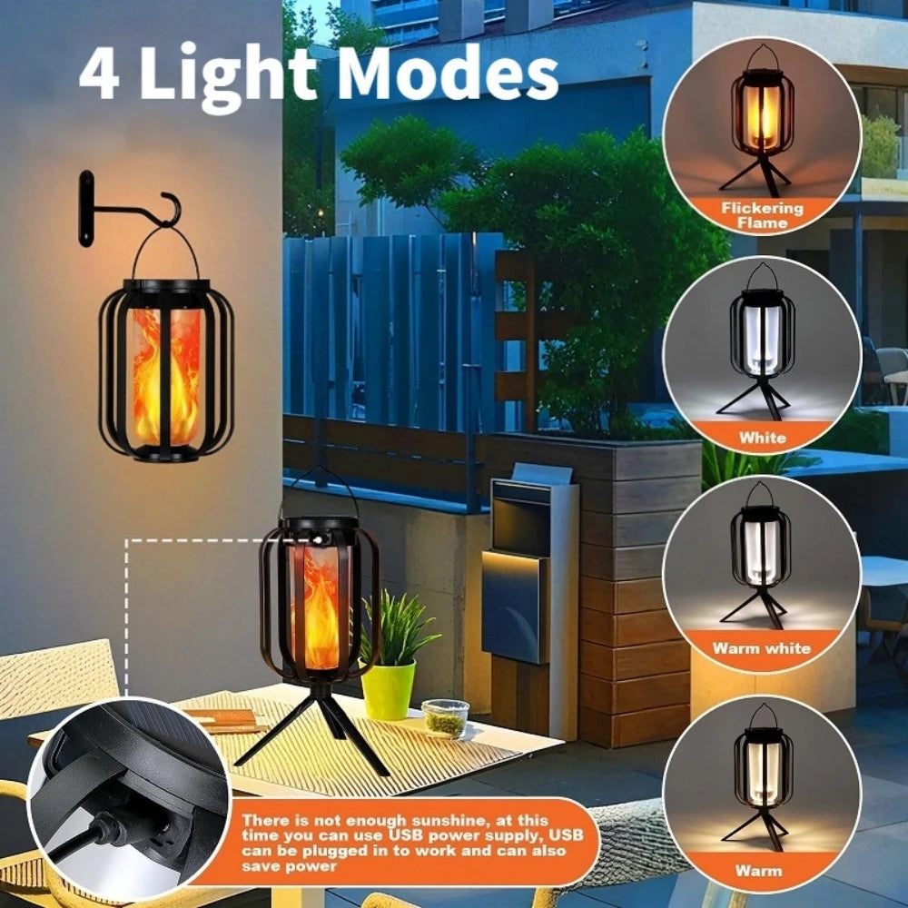 A set of four light modes for a solar flickering flame lantern, showing various lighting effects.