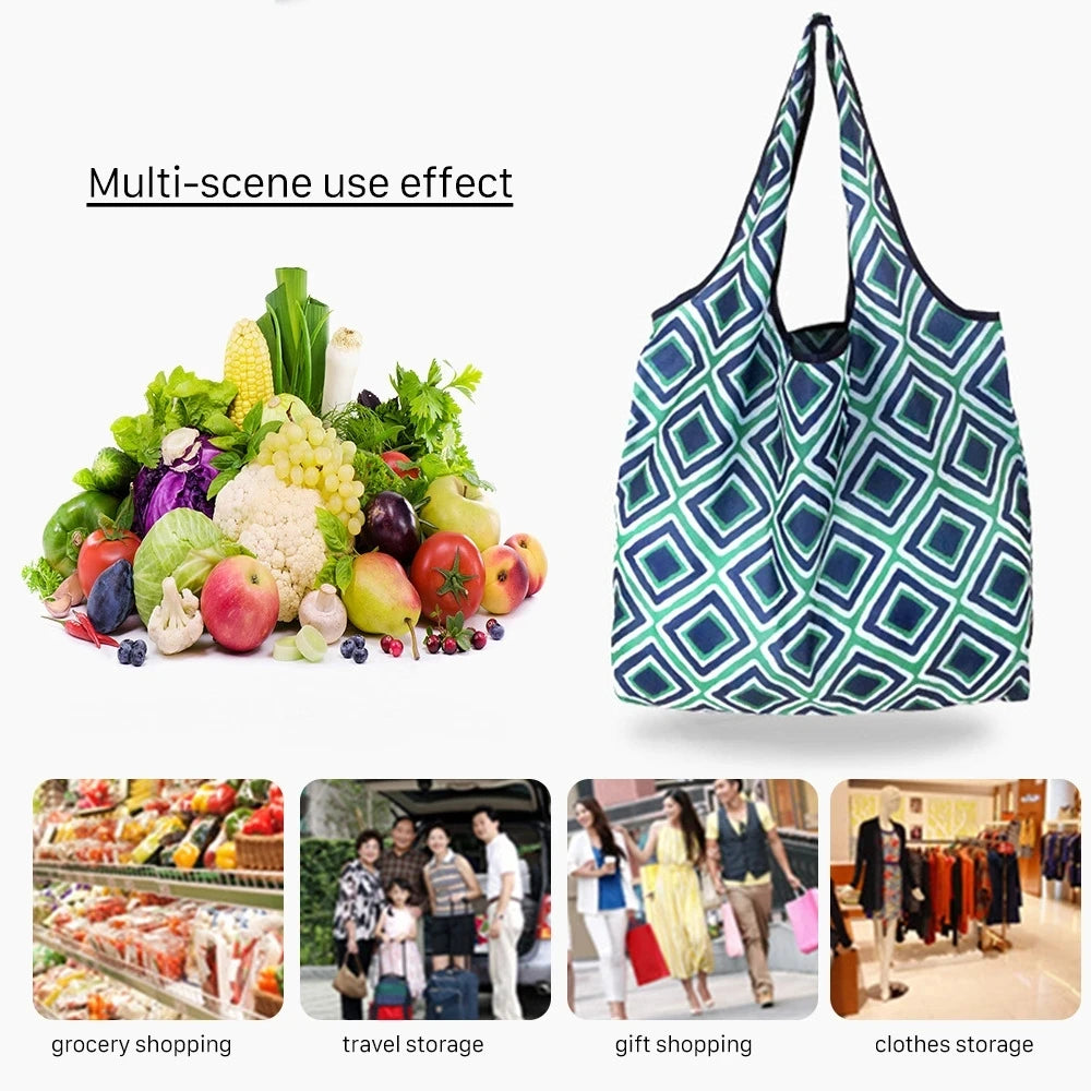 A green and blue patterned reusable shopping tote bag shown next to a variety of fresh produce.
