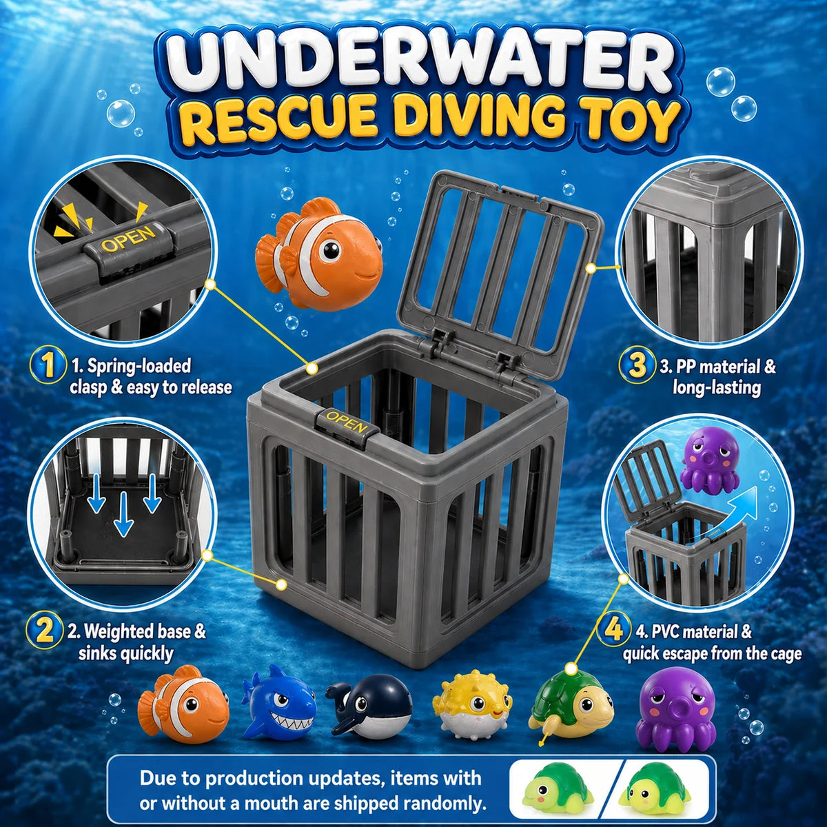 An open plastic cage toy with various fish and sea creatures inside, designed for underwater rescue diving.