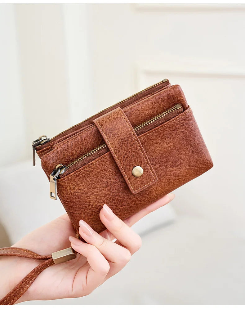 Vintage RFID-Blocking Triple-Fold Wallet with Double Zipper