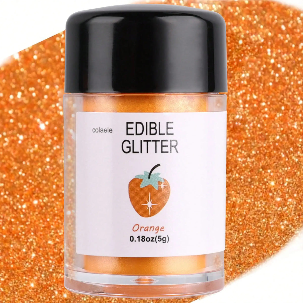 A glass jar of edible glitter powder in an orange hue with a strawberry illustration on a gold glitter background.